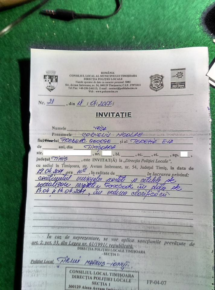 Barbat din Timisoara, chemat la politie pentru ca a "indraznit" sa arate pe Facebook unde si-au parcat agentii masinile