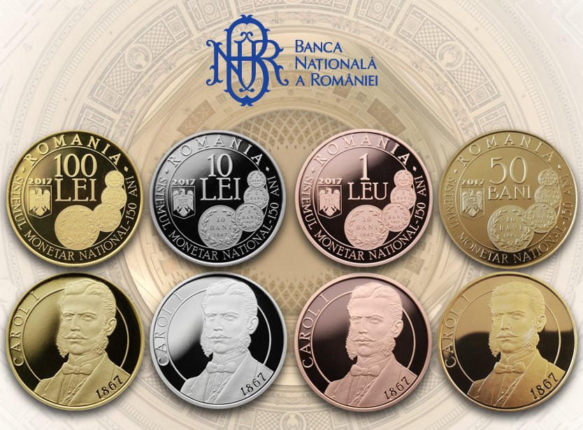BNR lanseaza 4 monede din aur, argint, tombac cuprat si alama, la 150 de ani de la infiintarea sistemului monetar romanesc