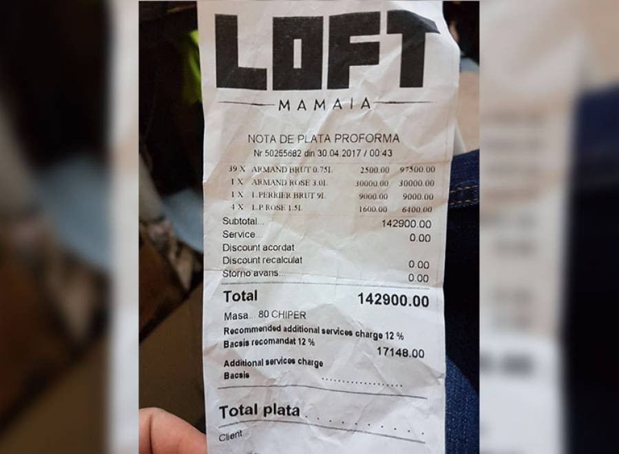 A cheltuit pe sampanie cat pe o garsoniera. Cum arata o nota de plata din Loft, celebrul club din Mamaia