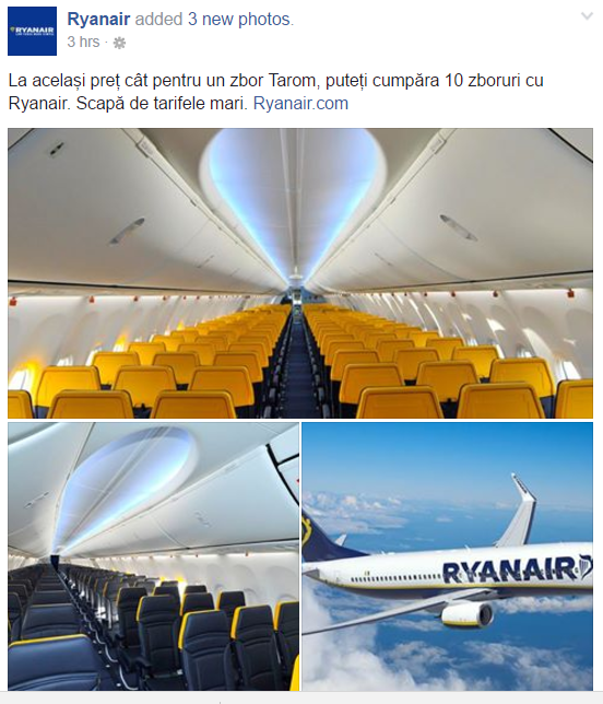 Reactia Tarom dupa ce Ryanair s-a laudat pe Facebook ca are preturi de 10 ori mai mici: "Scapa de tarifele mari!"
