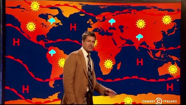 Aparitie surpriza in emisiunea "The Jim Jefferies Show". Brad Pitt a fost un prezentator meteo care il ironizeaza pe Trump