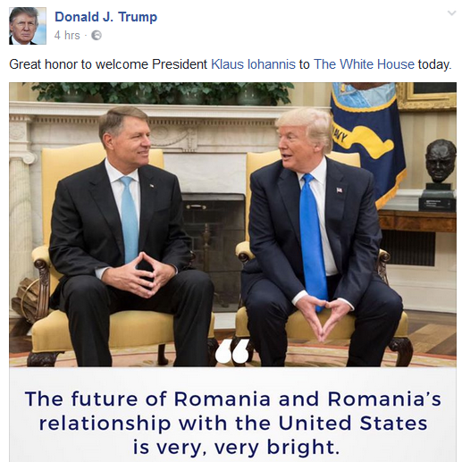 Mesajul publicat pe Facebook de Donald Trump dupa intalnirea cu Klaus Iohannis: "Romania are un viitor stralucit"