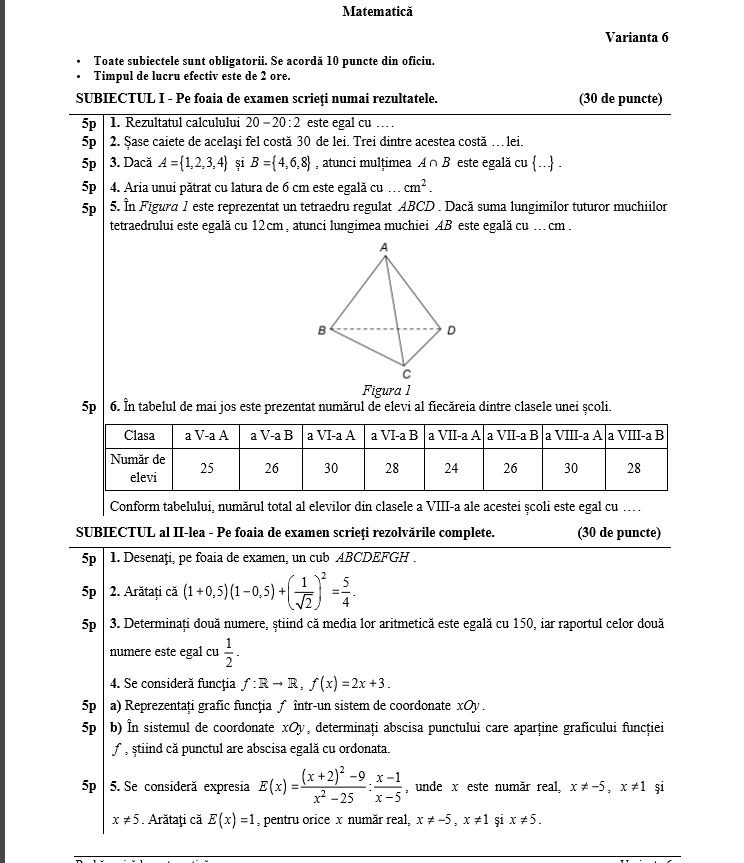 Evaluare Nationala 2017 matematica subiecte