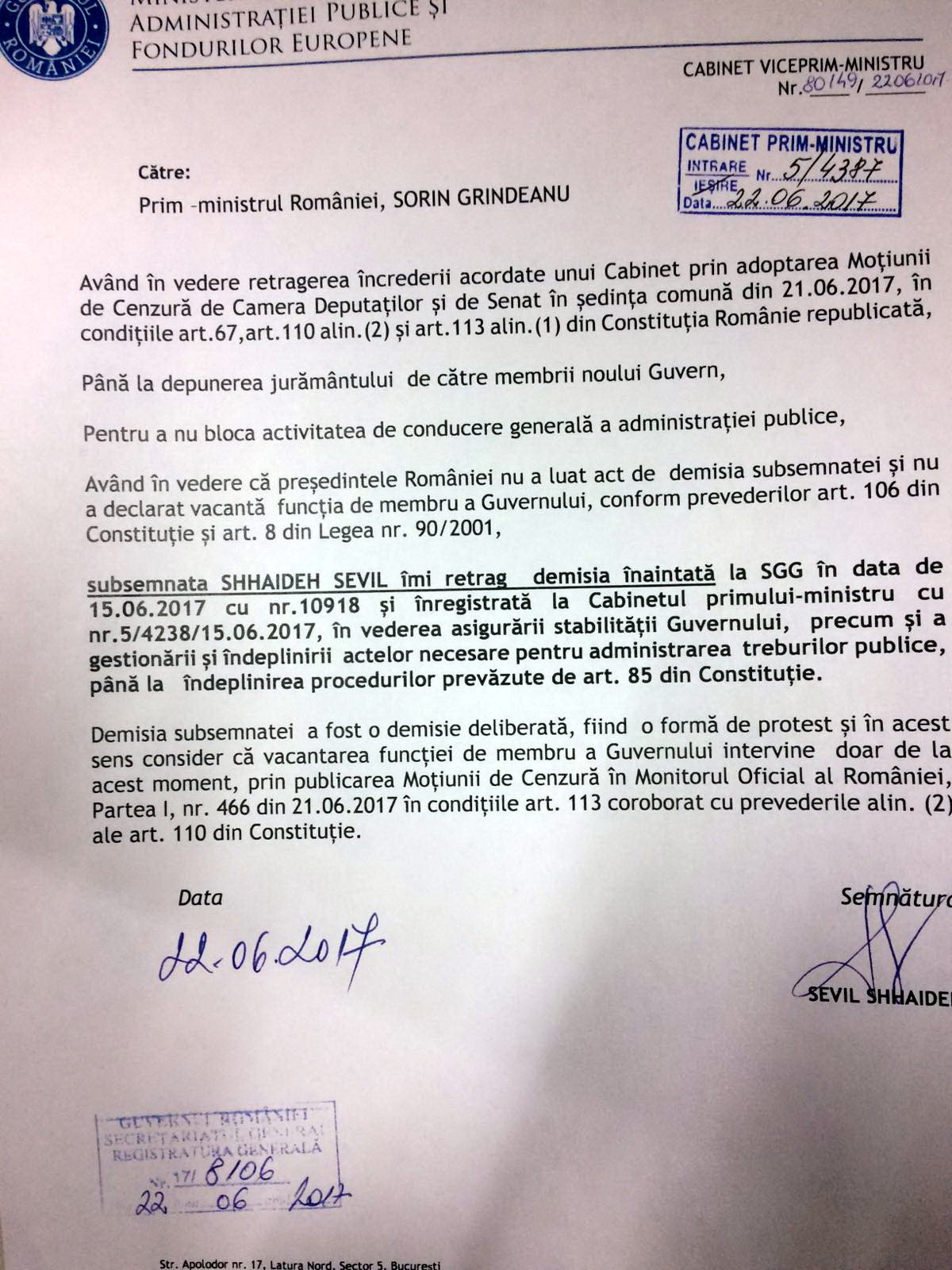 cererea de retragere a demisiei Sevil Shhaideh