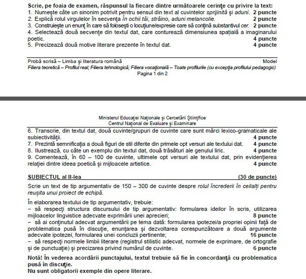 Modele de subiecte la romana, BAC 2017, profil REAL: