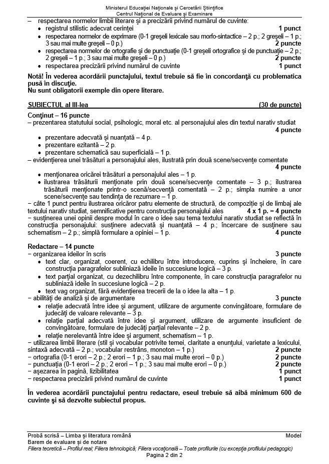 BAREM corectare romana REAL simulare Bacalaureat 2017: