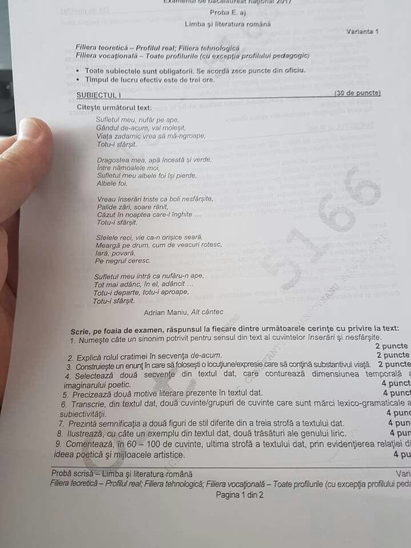 Subiecte la romana, BAC 2017, profil REAL