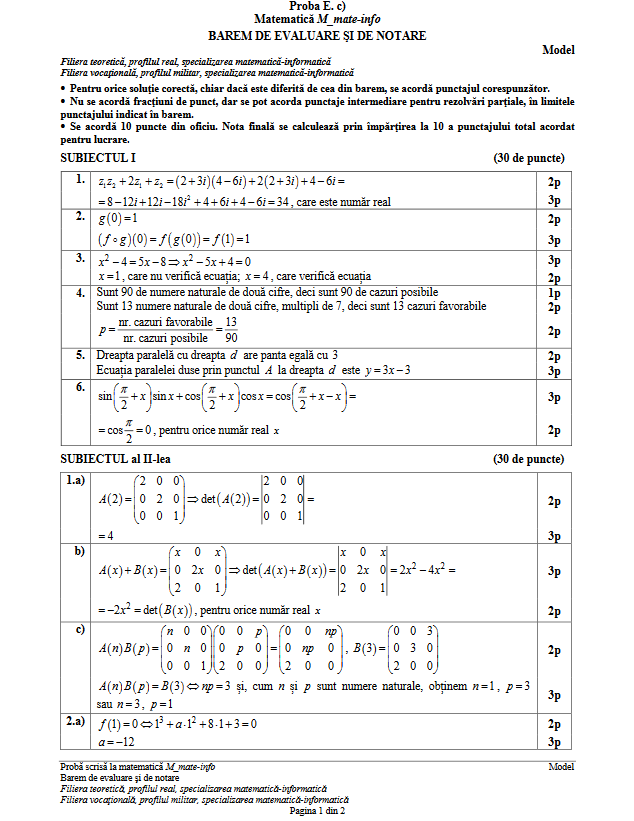 BAC MATEMATICA 2017. Modele de SUBIECTE si BAREM la mate-info, pedagogic, stiintele naturii si tehnologic