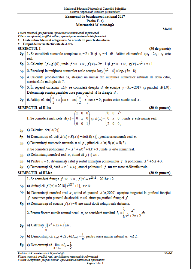 bac 2017 matematica model subiect vocational