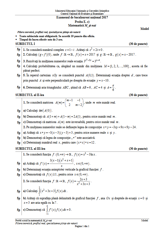 bac 2017 matematica model subiect stiinte ale naturii