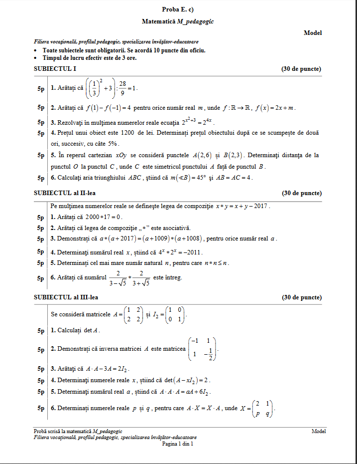 bac 2017 matematica pedagoci model subiect