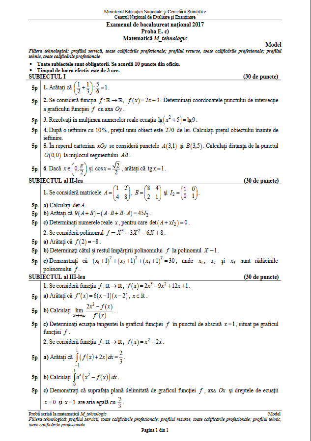 bac 2017 matematica profil tehnologic model subiect