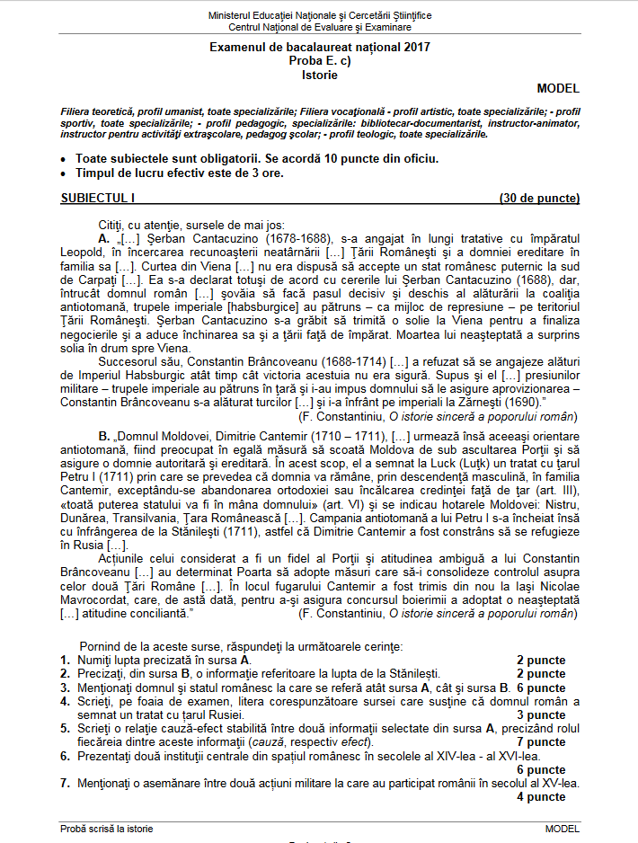 BAC 2017 ISTORIE. Modele de SUBIECTE si BAREM la istorie, la Bacalaureat
