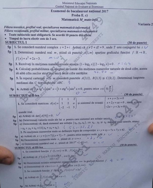 Subiectele la profilul Real, Matematica-Informatica