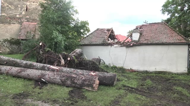 Dupa canicula, furtunile s-au dezlantuit in mai multe judete din tara. In Sibiu, 3 brazi au cazut peste o banca si o casa