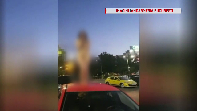 Misiune delicata pentru jandarmii bucuresteni. O tanara s-a urcat complet goala pe plafonul unei masini