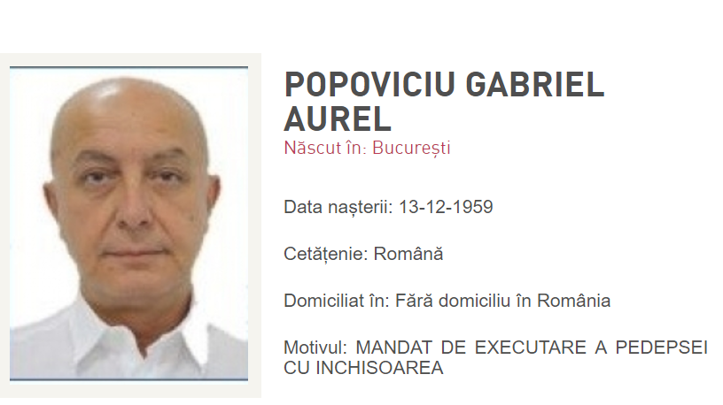 Puiu Popoviciu, la "Persoane urmărite", pe site-ul Poliției Române