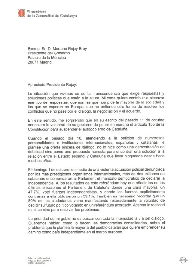 spania, catalonia, lider, scrisoare, carles puigdemont, ultimatum