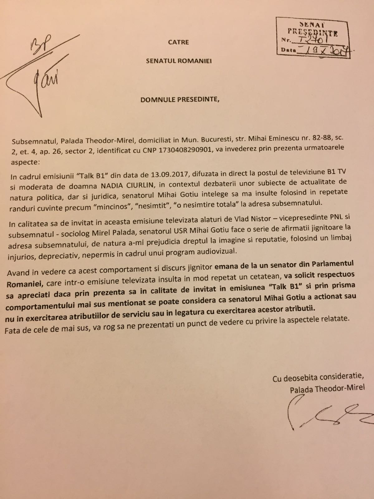 scrisoarea lui Mirel Palada