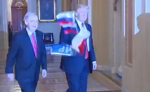 Momentul în care un protestatar a aruncat cu steguleţe ale Rusiei în Donald Trump