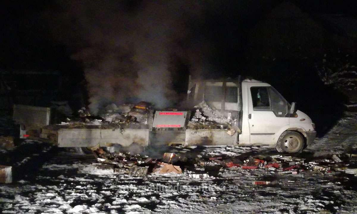 Sucevean reținut pentru 30 de zile, după ce a incendiat o camionetă plină cu țigări de contrabandă