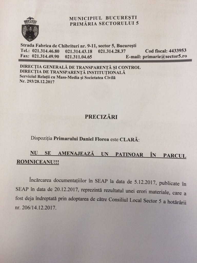 Proiectul patinoarului din Parcul Romniceanu, depus oficial. Reacţia primăriei: "Eroare materială"