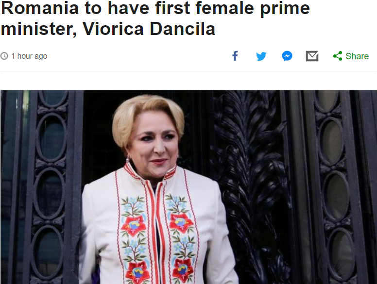 Presa internaţională, despre desemnarea ca premier a Vioricăi Dăncilă. BBC: Al treilea premier din ultimele 7 luni