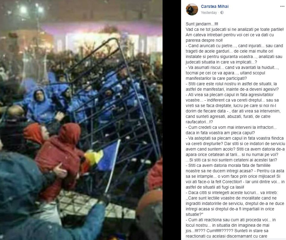 Mesajul unui jandarm pentru protestatari: Aţi vrea să plecăm capul în fata agresivităţilor voastre