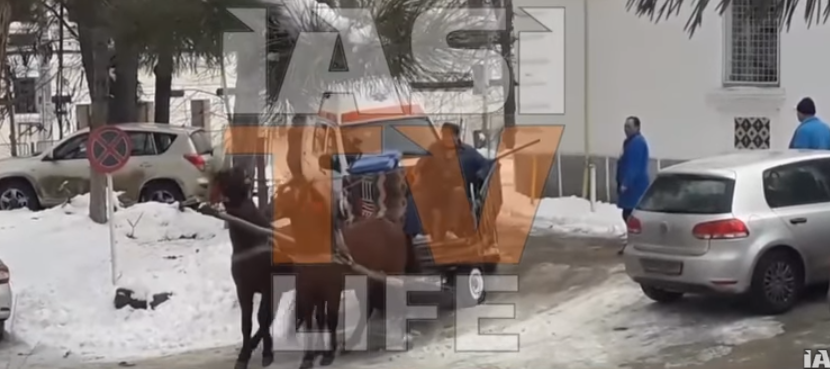 Ambulanță trasă de cai, din curtea Spitalului de Psihiatrie Socola. VIDEO