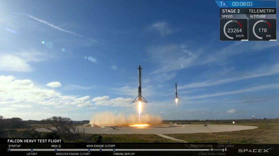 Momentul în care două propulsoare ale Falcon Heavy au aterizat în sincron. VIDEO