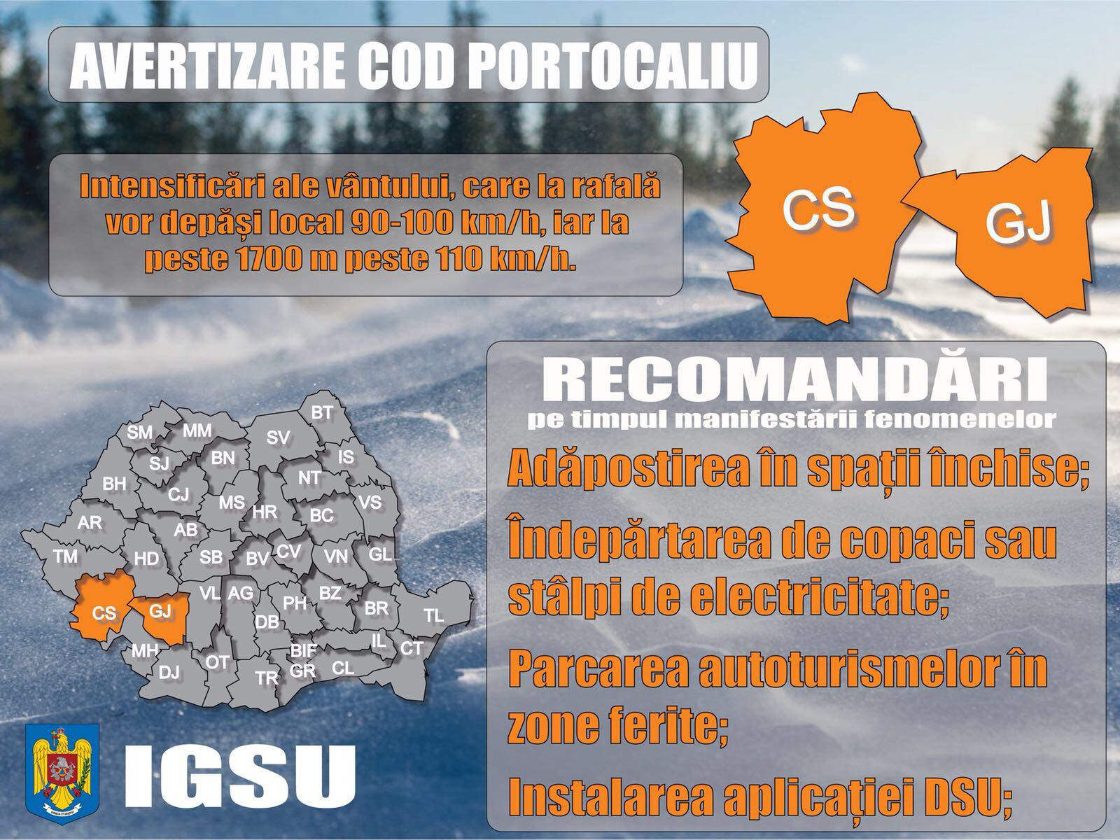 Cod portocaliu de vânt puternic, care poate ajunge până la 110 km/h. Avertizarea meteorologilor