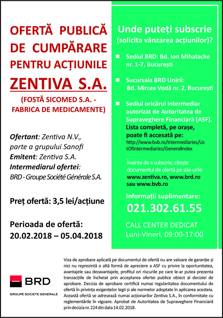 (P) Zentiva N.V. inițiază oferta publică de cumpărare a acțiunilor Zentiva S.A. (fosta Sicomed S.A., Fabrica de Medicamente)
