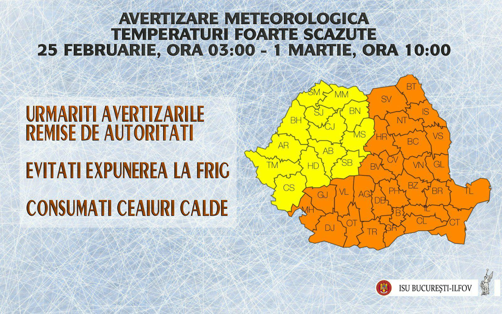 Duminică noapte intră în vigoare Codul portocaliu de ger. Vor fi până la -22 de grade