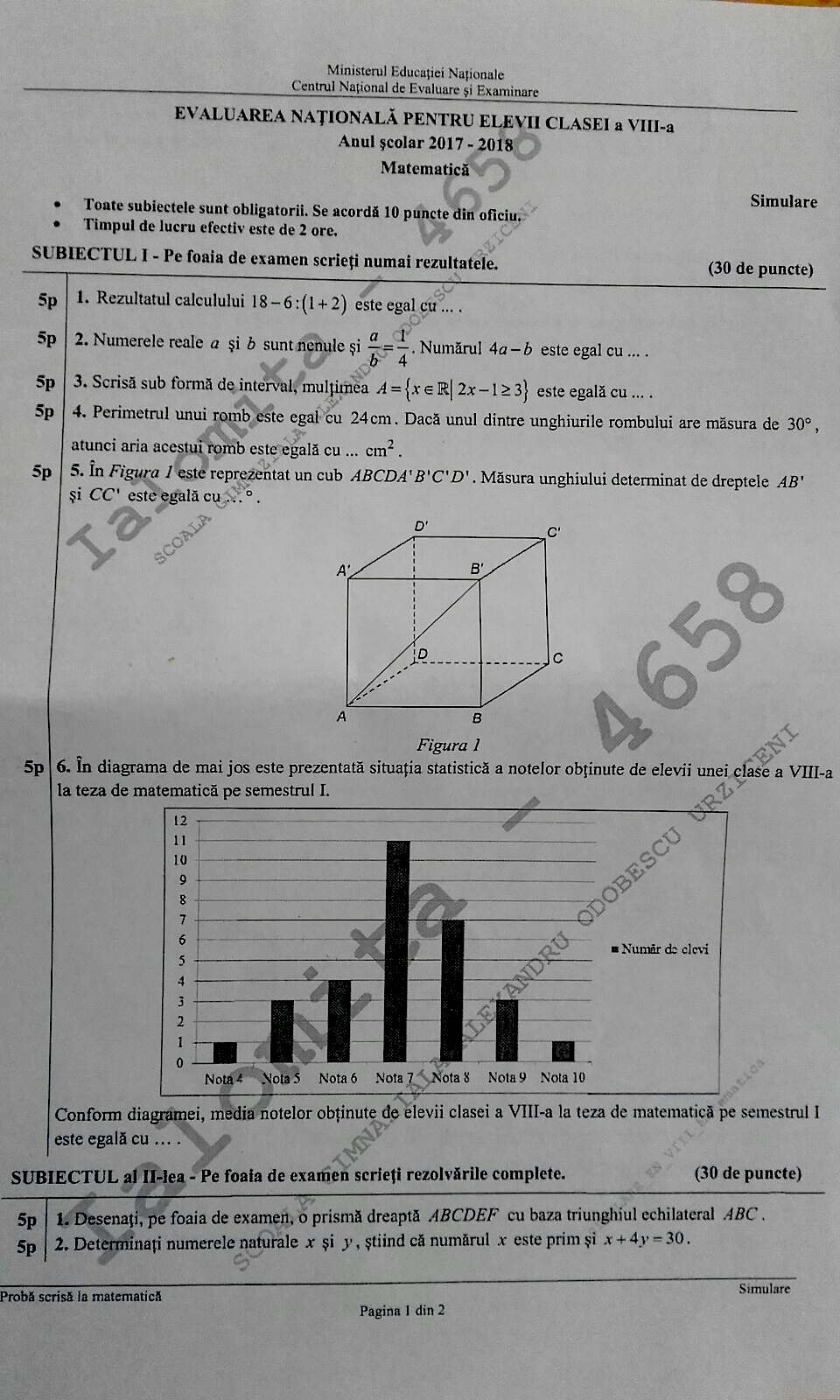 Subiecte Simulare Evaluarea Nationala 2018 Subiectele de la simularea la Matematica, clasa a VIII-a