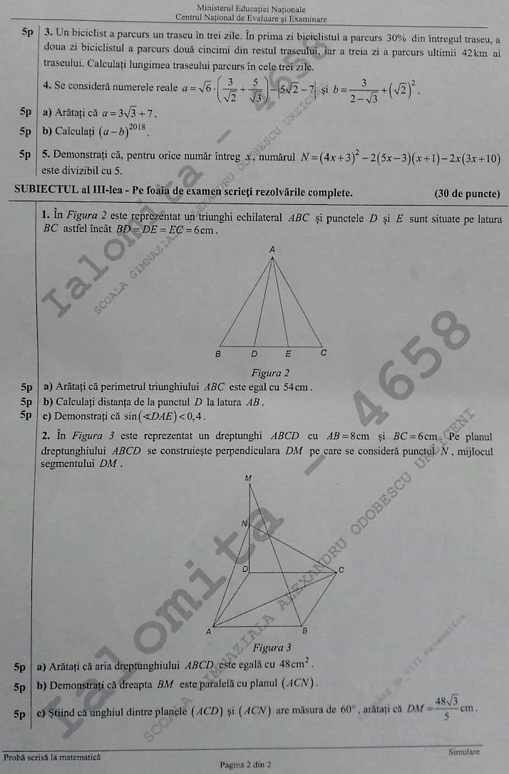 Subiecte Simulare Evaluarea Nationala 2018 Subiectele de la simularea la Matematica, clasa a VIII-a