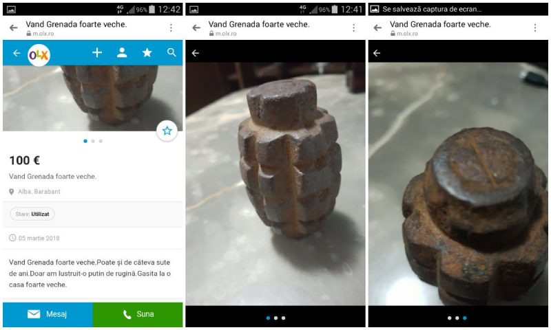 Grenadă scoasă la vânzare pe un site de anunţuri. Poliţia a demarat o anchetă