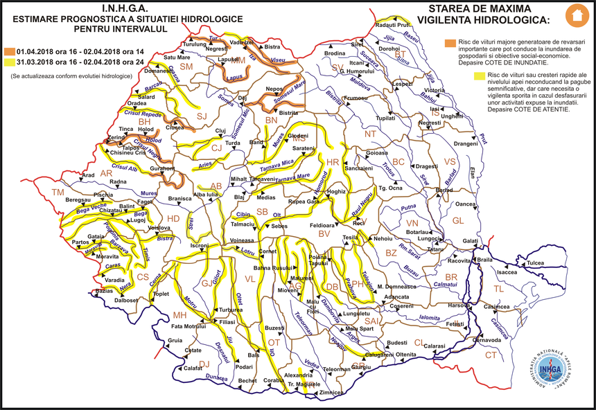 Cod galben şi portocaliu de inundaţii în 27 de bazine hidrografice, până luni seară
