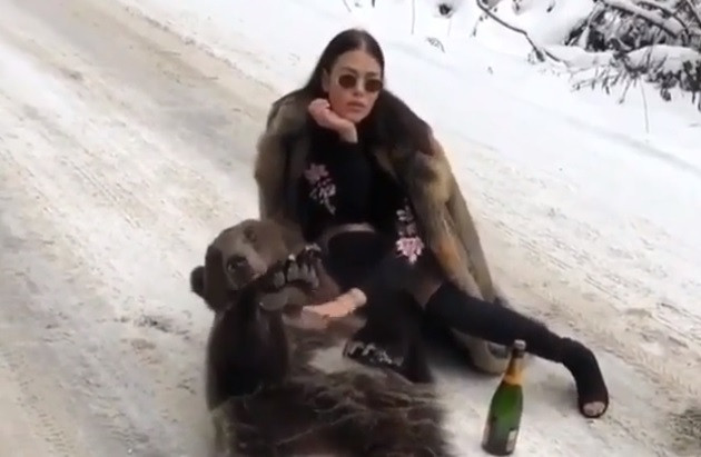 Imaginile care au stârnit revoltă pe internet. O tânără s-a filmat cu un urs viu și o șampanie
