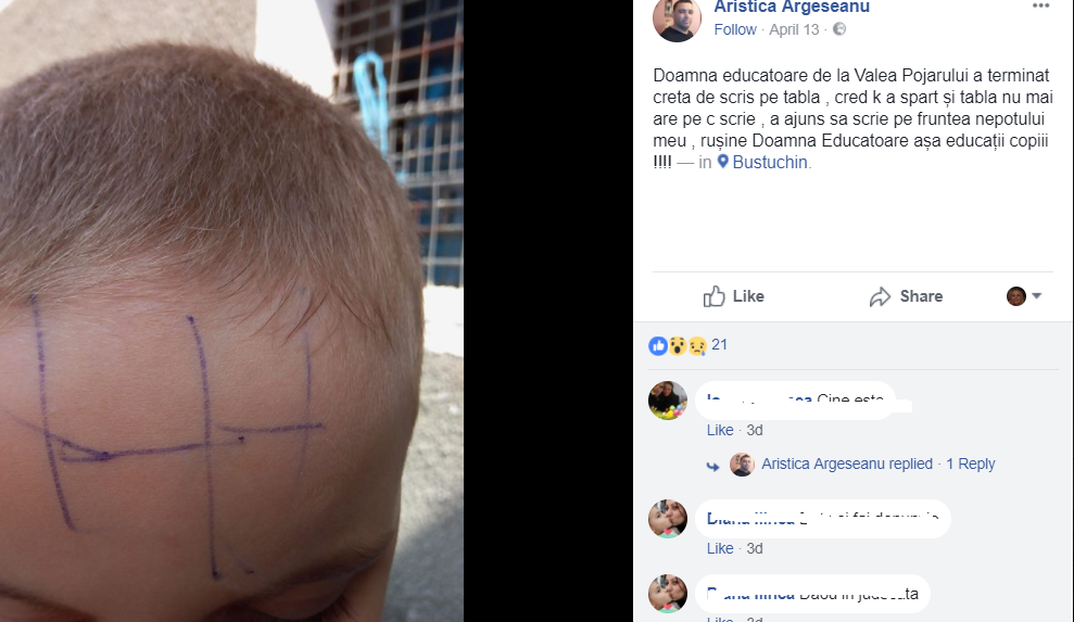 Copil de 4 ani umilit de educatoare, care i-a scris cu pixul pe frunte. ISJ Gorj a declanșat anchetă