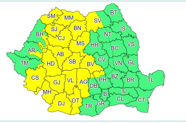 Cod galben de ploi torențiale și grindină. Cele 23 de județe vizate
