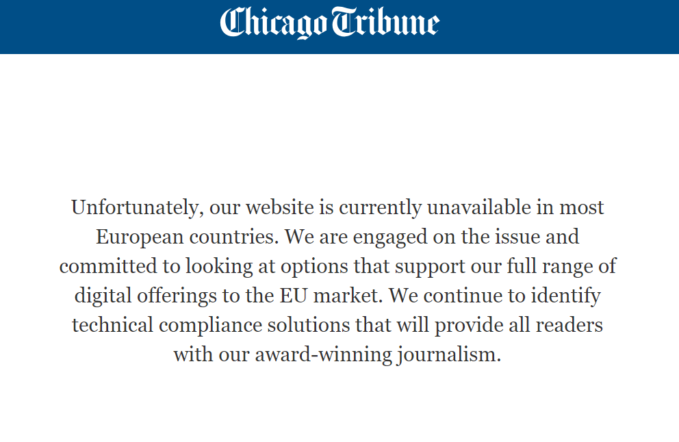 Site-urile mai multor publicații americane sunt blocate, ca urmare a intrării în vigoare a GDPR