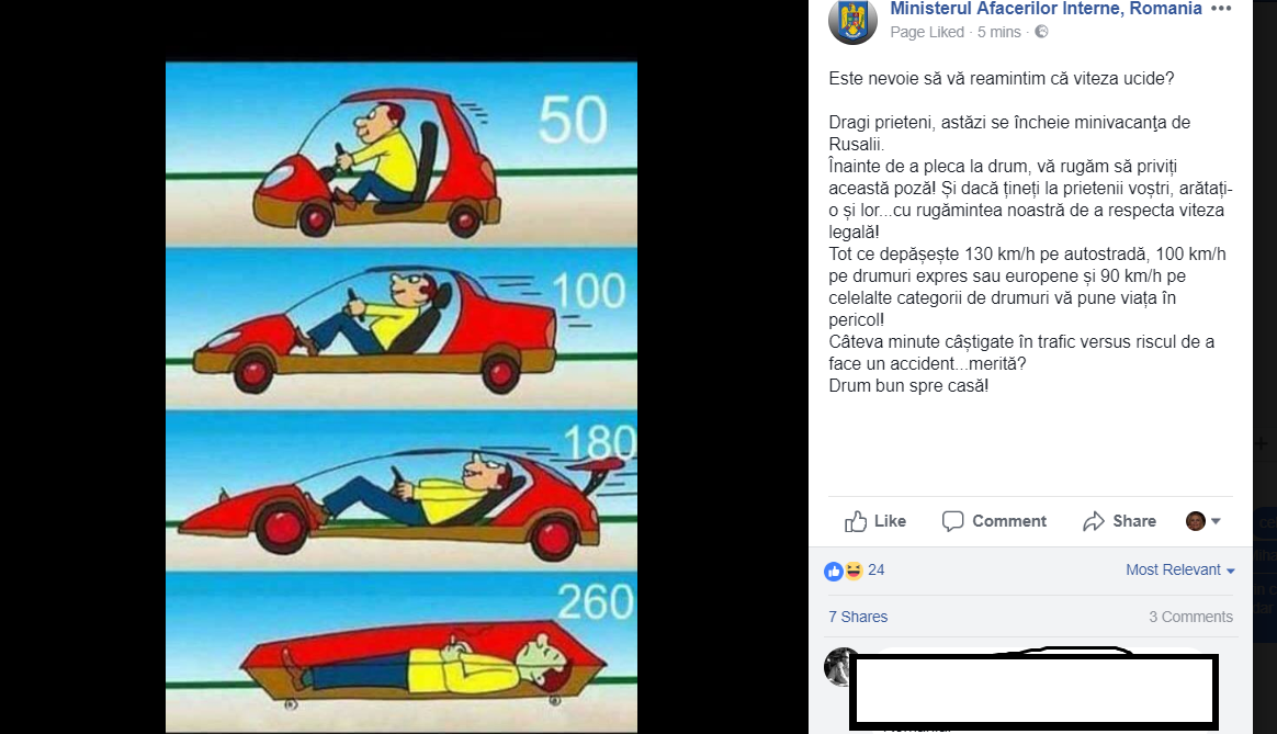 Avertismentul grafic al MAI, pe Facebook: ”Înainte de a pleca la drum, priviți această poză”
