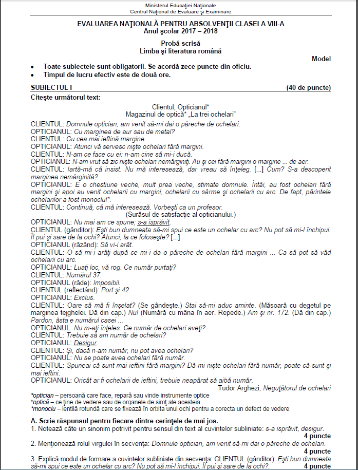 subiecte model romana I