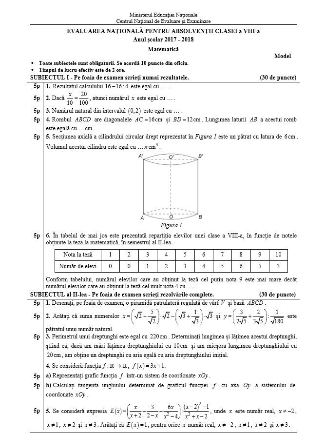 model subiecte matematica evaluare nationala