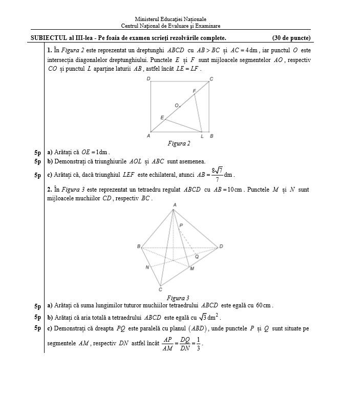 model subiecte matematica evaluare nationala