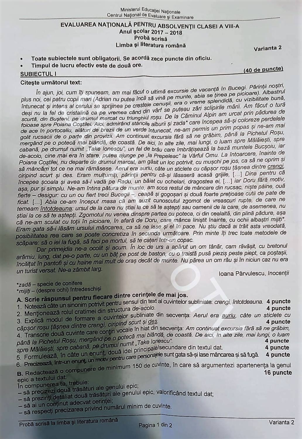Subiecte Limba Română Evaluare Națională 2018 și Barem