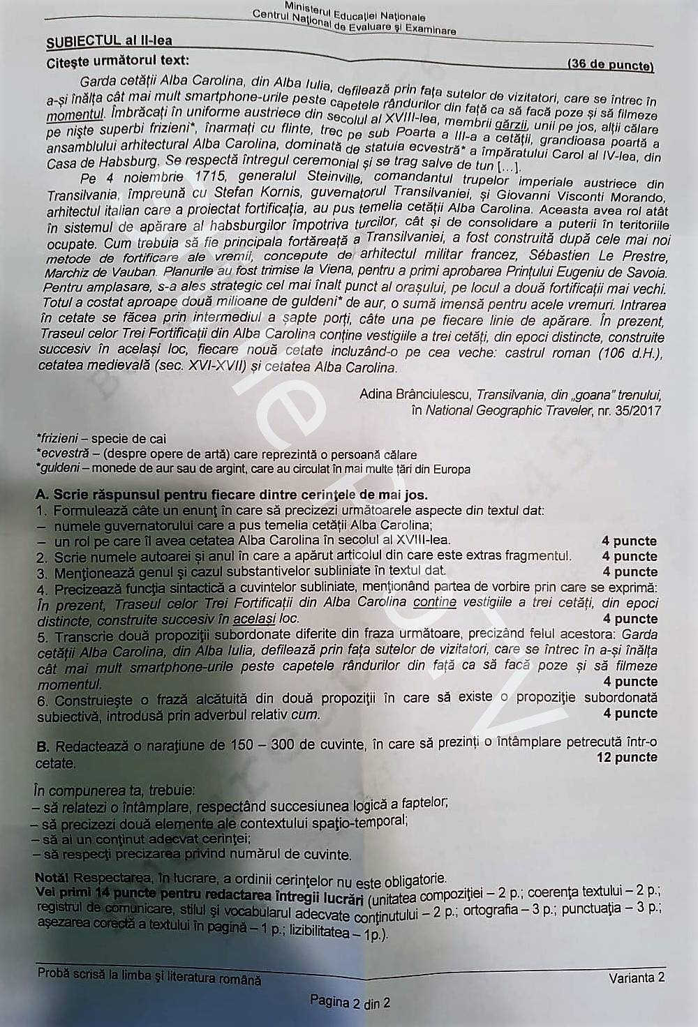 SUBIECTE LIMBA ROM&Acirc;NĂ EVALUARE NAȚIONALĂ 2018 EDU.RO
