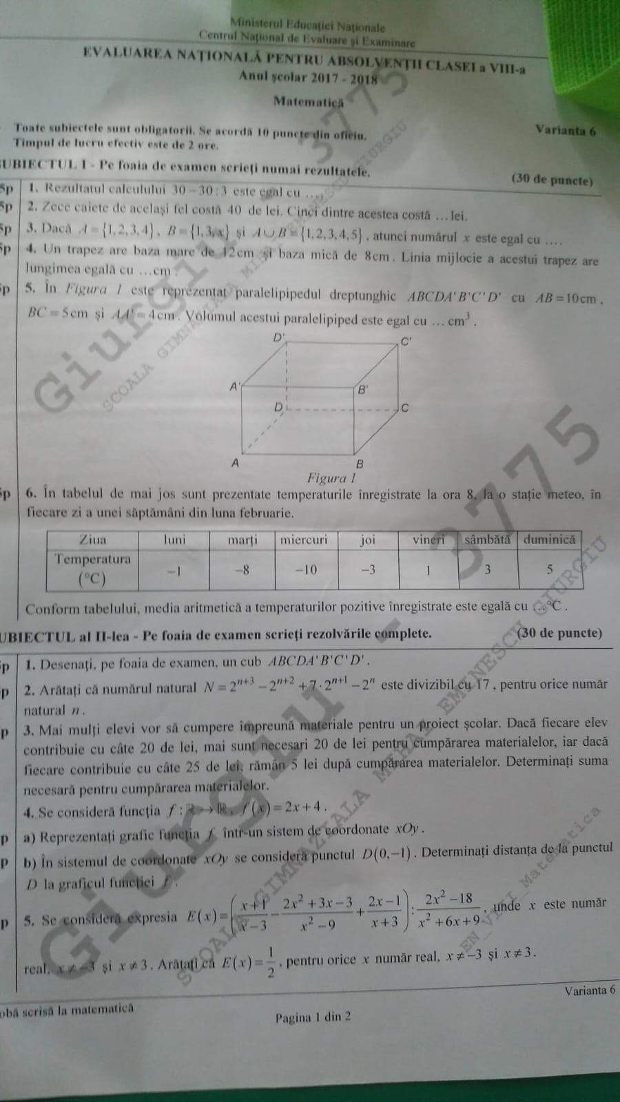 SUBIECTE ŞI BAREME MATEMATICĂ EVALUARE NAȚIONALĂ 13 iunie 2018