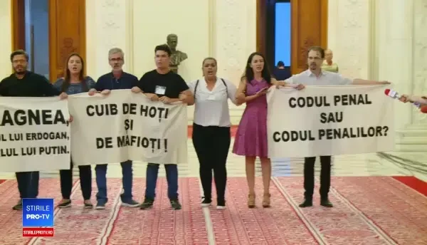 Mesajele afișate de protestatari, pe holul Parlamentului, în timpul discursului susținut de Dăncilă