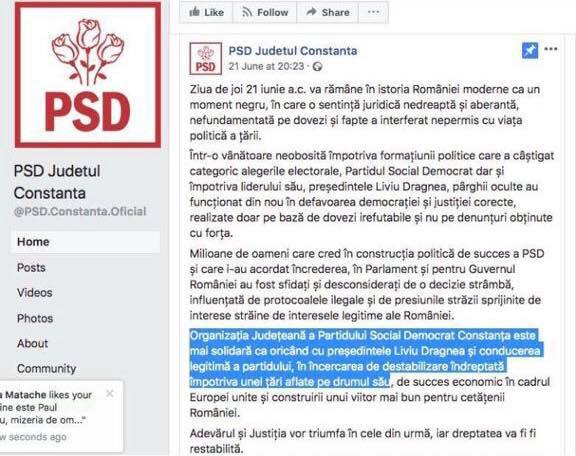 PSD Constanța, gafă într-un mesaj pe Facebook, după condamnarea lui Liviu Dragnea